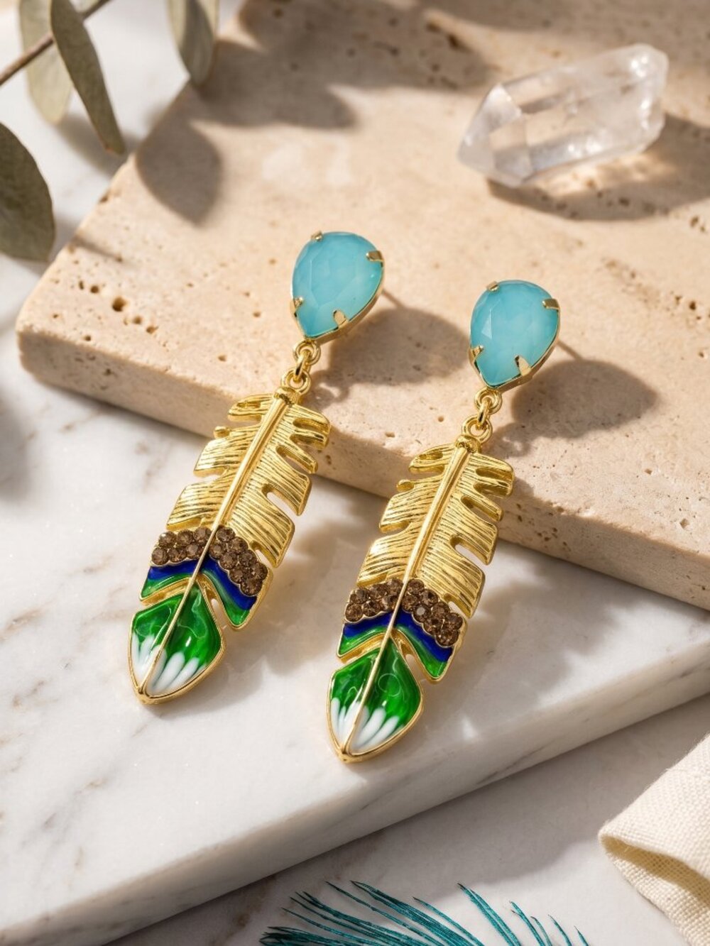 14K Gold Plated Feather Dangle Earrings Teal Green Enamel Coastal Cowgirl 2.24"